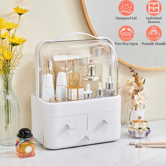 - Makeup Organizer Jewelry Cosmetic Storage Box W/ Dustproof Flip Cover 3 pink - Picture 1 of 11